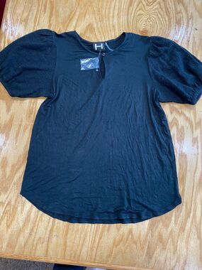 H by Bordeaux Blouse Women's Small Blue 100% Cotton Puff Sleeve Crew Neck B62